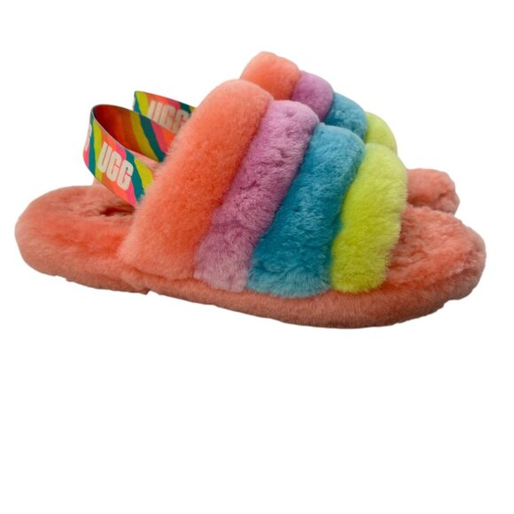 UGG Kids Fluff Yeah Rainbow Sherpa Slides Size 5 - Picture 1 of 8